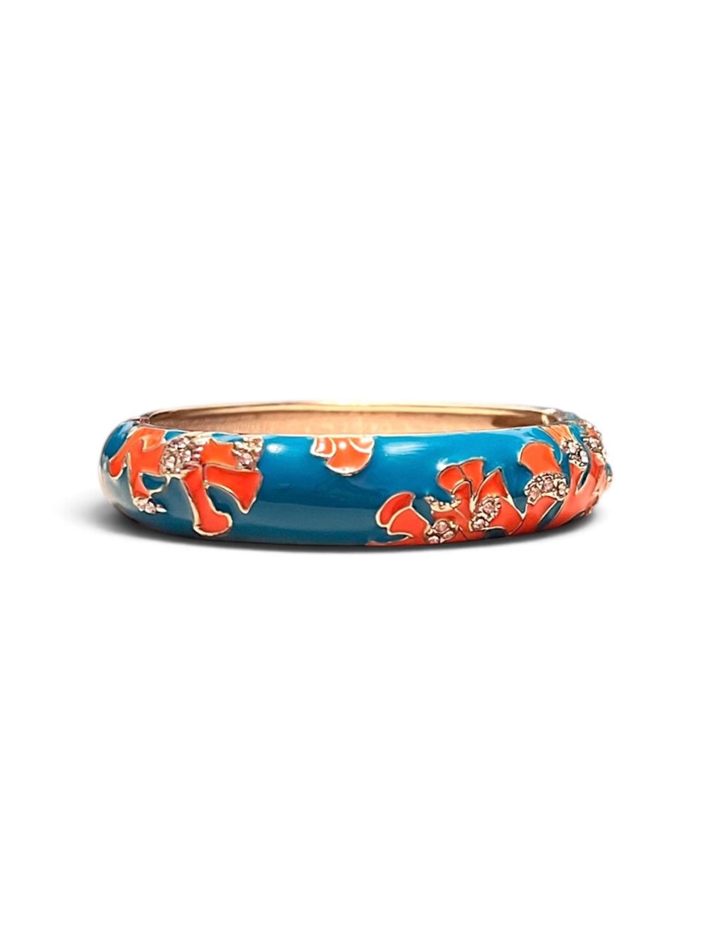 Sequin Turquoise & Coral Floral Enamel Hinged Bangle Bracelet